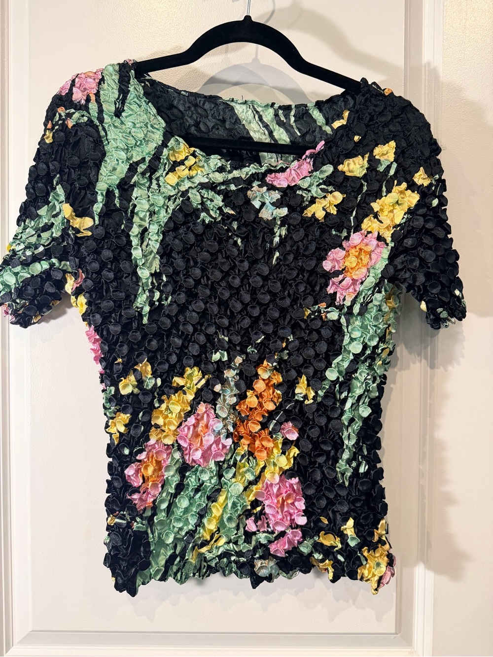 Textured Floral Crop Top in Black with Pink, Yellow & Green